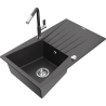 Mexen Cesar granite sink 1-bowl with drainer and Flora kitchen tap, black speckled - 6514-76-670401-08