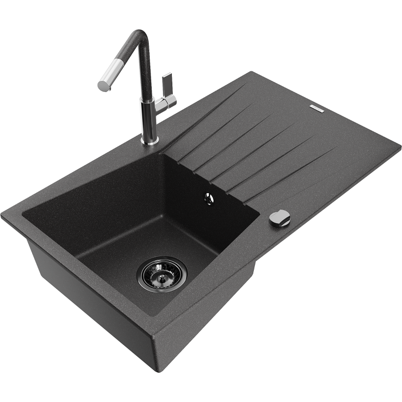 Mexen Cesar Graniittinen yksialtainen pesuallas valutustasolla ja Flora-keittiöhana, mustapilkullinen - 6514-76-670401-08-B