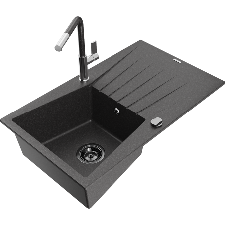 Mexen Cesar granite sink 1-bowl with drainer and Flora kitchen tap, black speckled - 6514-76-670401-08-B