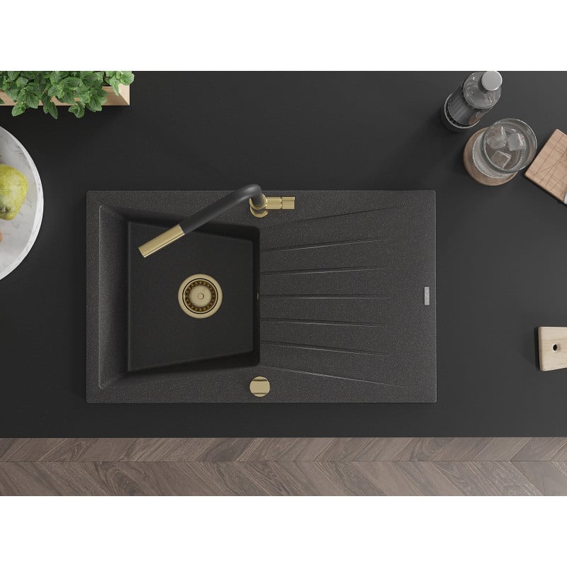 Mexen Cesar fregadero de granito de 1 cubeta con escurridor y grifo de cocina Flora, negro moteado - 6514-76-670401-57-G