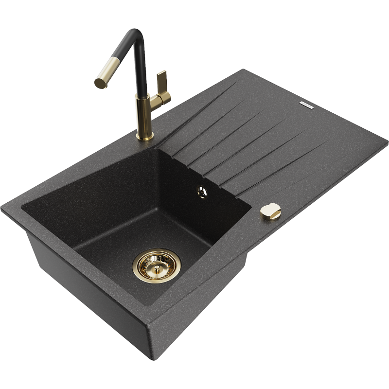 Mexen Cesar fregadero de granito de 1 cubeta con escurridor y grifo de cocina Flora, negro moteado - 6514-76-670401-57-G