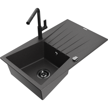 Mexen Cesar granite sink, 1-bowl with drainer and Flora kitchen tap, speckled black - 6514-76-670401-70-B