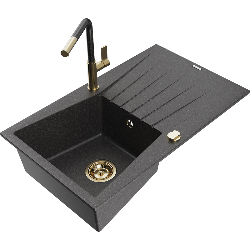 Mexen Cesar granitais izlietne ar vienu nodalījumu, notecēšanu un virtuves krānu Flora, melns ar šļakatām