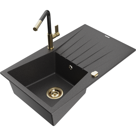 Mexen Cesar granite sink 1-bowl with drainer and Flora kitchen tap, black speckled - 6514-76-670401-75-G
