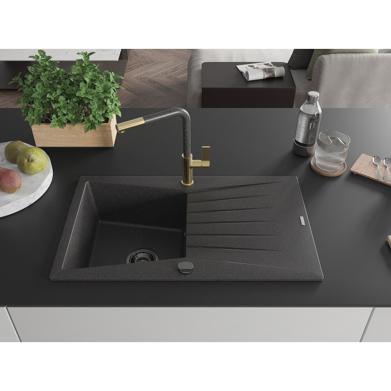 Mexen Cesar 1-komorige Granitspüle mit Abtropffläche und Küchenarmatur Flora, schwarz gesprenkelt - 6514-76-670401-75-B