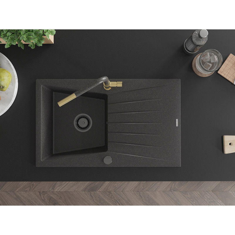 Mexen Cesar 1-bowl granite sink with drainer and Flora kitchen tap, black speckled - 6514-76-670401-75-B