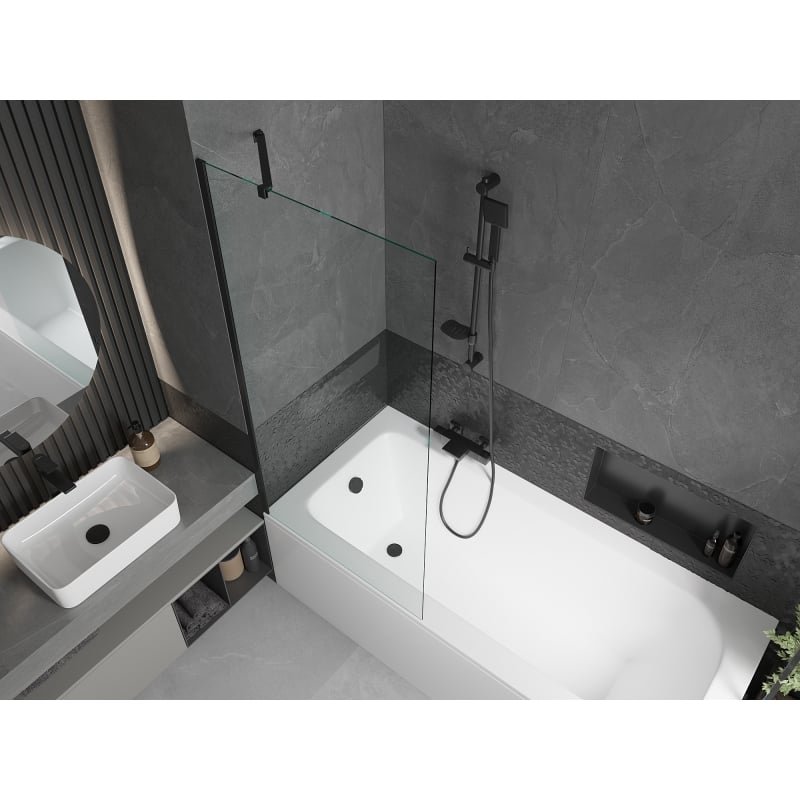 Mexen Vega rechthoekig bad 170 x 70 cm met ombouw en 1-delige paravent 80 cm, transparant, zwart - 550117070X9508000070