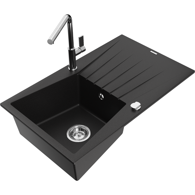 Mexen Cesar granite sink 1-bowl with drainer and Flora kitchen tap, black - 6514-77-670401-00