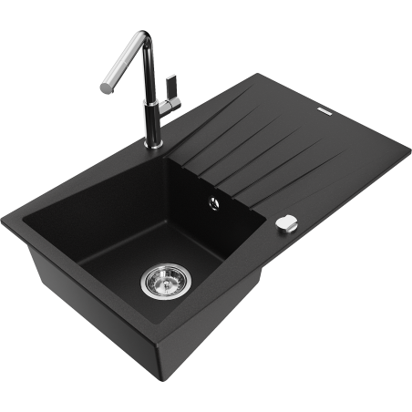 Mexen Cesar granite sink 1-bowl with drainer and Flora kitchen tap, black - 6514-77-670401-00