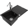 Mexen Cesar granite sink 1-bowl with drainer and Flora kitchen tap, black - 6514-77-670401-00