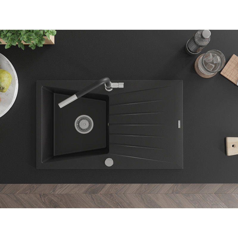 Mexen Cesar fregadero de granito de 1 seno con escurridor y grifo de cocina Flora, negro - 6514-77-670401-07