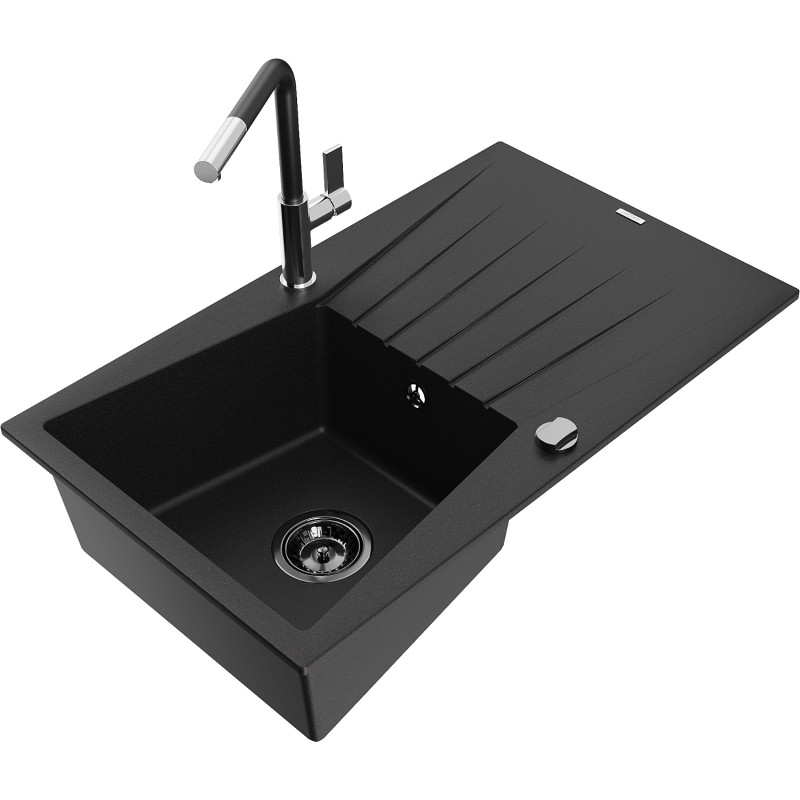 Mexen Cesar 1-Schüssel-Küchenspüle aus Granit mit Abtropffläche und Küchenarmatur Flora, schwarz - 6514-77-670401-07-B