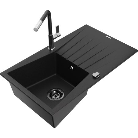 Mexen Cesar granite sink 1-bowl with drainer and Flora kitchen tap, black - 6514-77-670401-07-B