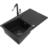 Mexen Cesar granite sink 1-bowl with drainer and Flora kitchen tap, black - 6514-77-670401-07-B