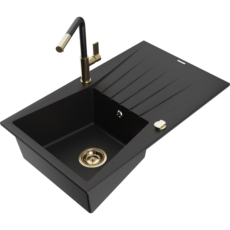 Mexen Cesar 1-bowl granite sink with drainer and Flora kitchen tap, black - 6514-77-670401-57-G