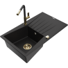 Mexen Cesar 1-bowl granite sink with drainer and Flora kitchen tap, black - 6514-77-670401-57-G