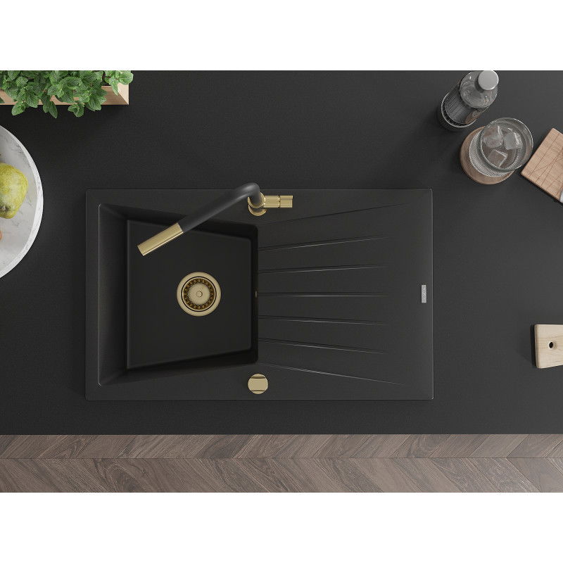 Mexen Cesar 1-bowl granite sink with drainer and Flora kitchen tap, black - 6514-77-670401-57-G