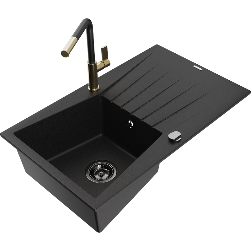 Mexen Cesar lava-louça em granito com 1 bacia, escorredor e torneira de cozinha Flora, preto - 6514-77-670401-57-B