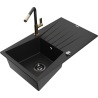 Mexen Cesar granite sink 1-bowl with drainer and Flora kitchen tap, black - 6514-77-670401-57-B