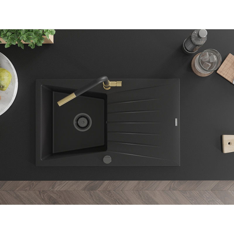 Mexen Cesar fregadero de granito con 1 compartimento, escurridor y grifo de cocina Flora, negro - 6514-77-670401-57-B
