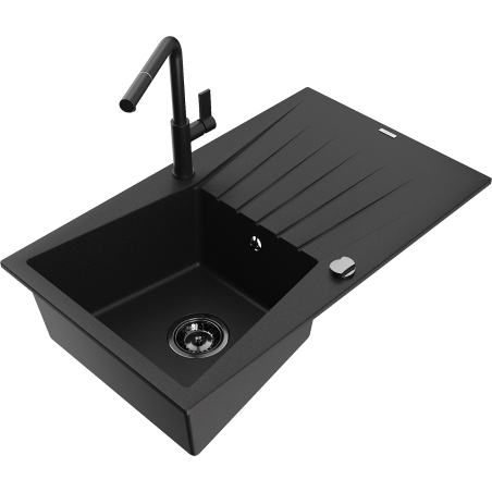Mexen Cesar granite sink 1-bowl with drainer and Flora kitchen tap, black - 6514-77-670401-70-B