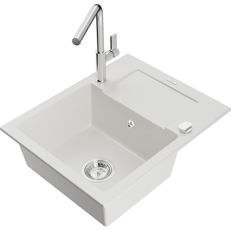 Mexen Enzo fregadero de granito de 1 cubeta con escurridor y grifo de cocina Flora, blanco - 6506-20-670401-00