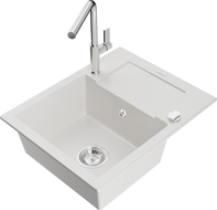 Mexen Enzo fregadero de granito de 1 compartimento con escurridor y grifo de cocina Flora, blanco - 6506-20-670401-00