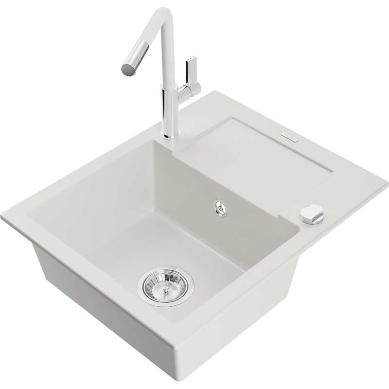 Mexen Enzo fregadero de granito de 1 compartimento con escurridor y grifo de cocina Flora, blanco - 6506-20-670401-02