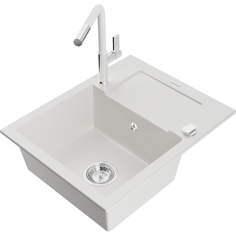 Mexen Enzo lavello in granito a 1 vasca con scolapiatti e rubinetto da cucina Flora, bianco - 6506-20-670401-02