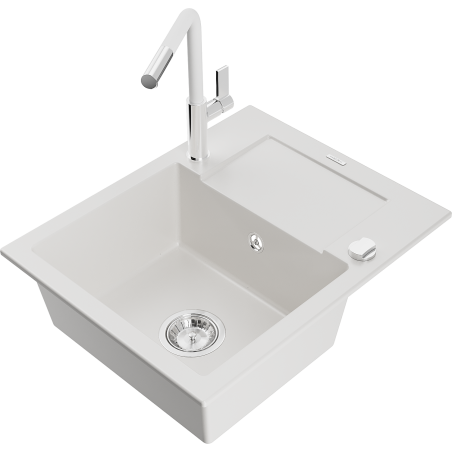 Mexen Enzo granite kitchen sink 1-bowl with drainer and Flora kitchen tap, white - 6506-20-670401-02