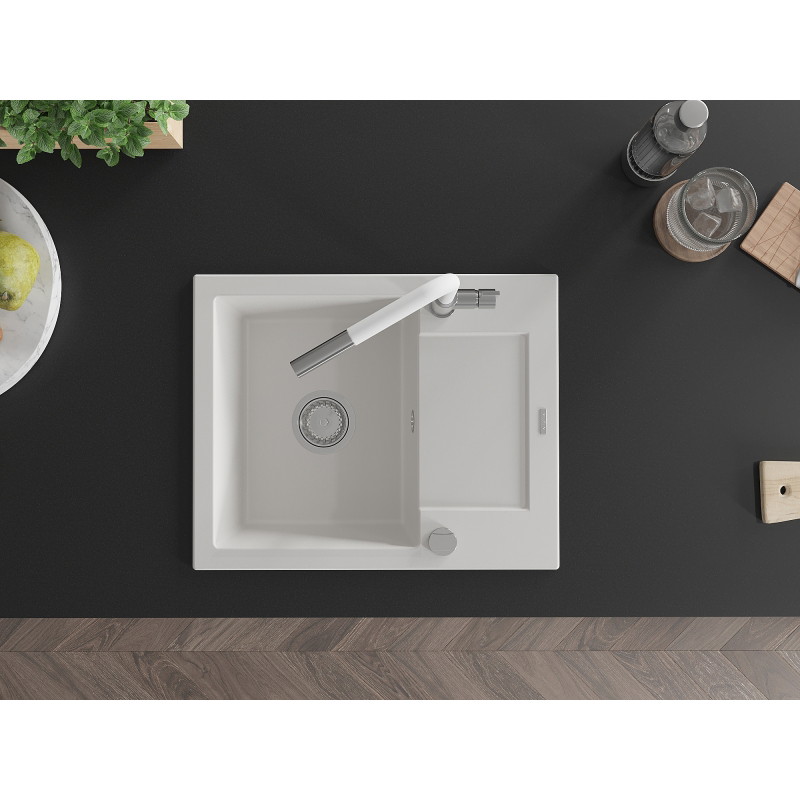 Mexen Enzo fregadero de granito de 1 seno con escurridor y grifo de cocina Flora, blanco - 6506-20-670401-02