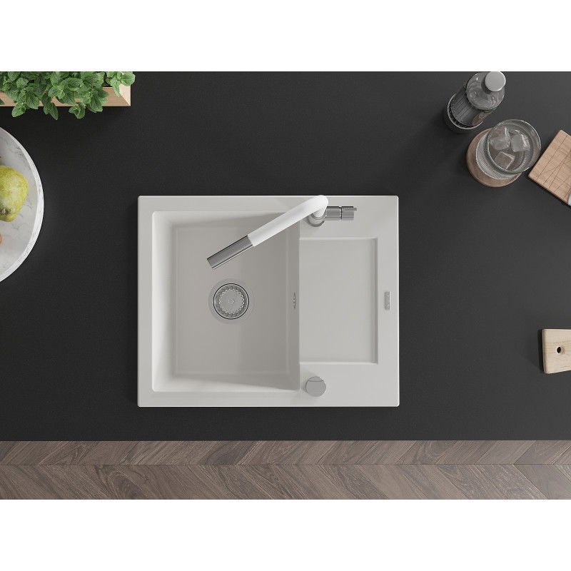 Mexen Enzo granite kitchen sink 1-bowl with drainer and Flora kitchen tap, white - 6506-20-670401-02