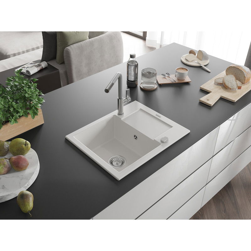 Mexen Enzo 1-bowl granite sink with drainer and Flora kitchen tap, white - 6506-20-670401-06