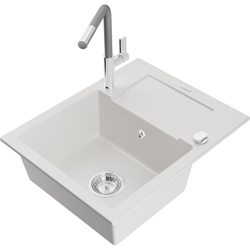 Mexen Enzo granite kitchen sink single-bowl with drainer and Flora kitchen faucet, white - 6506-20-670401-06