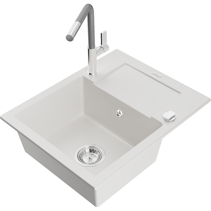 Mexen Enzo lava-loiça em granito de uma bacia com escorredor e torneira de cozinha Flora, branco - 6506-20-670401-06