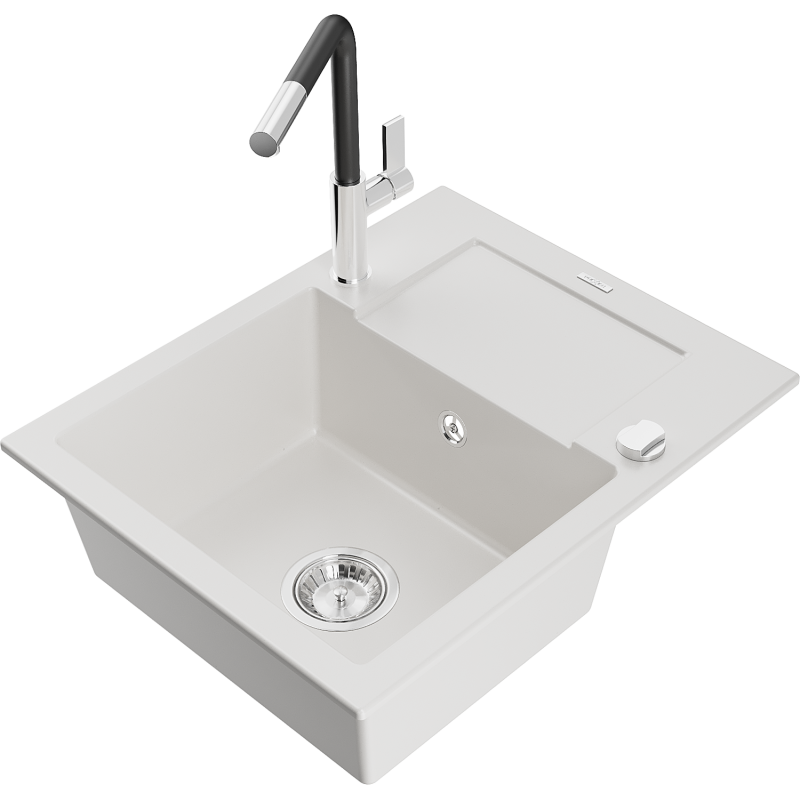 Mexen Enzo granite kitchen sink 1-bowl with drainer and Flora kitchen tap, white - 6506-20-670401-07