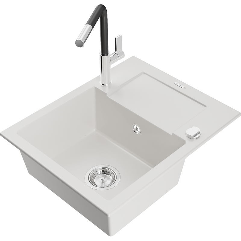 Mexen Enzo lava-louça de granito de uma bacia com escorredor e torneira de cozinha Flora, branco - 6506-20-670401-07