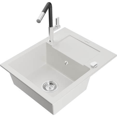 Mexen Enzo granite kitchen sink 1-bowl with drainer and Flora kitchen tap, white - 6506-20-670401-07