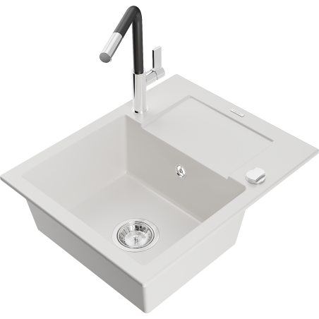 Mexen Enzo lava-louça de granito de uma bacia com escorredor e torneira de cozinha Flora, branco - 6506-20-670401-07