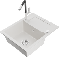 Mexen Enzo fregadero de granito de 1 seno con escurridor y grifo de cocina Flora, blanco - 6506-20-670401-07