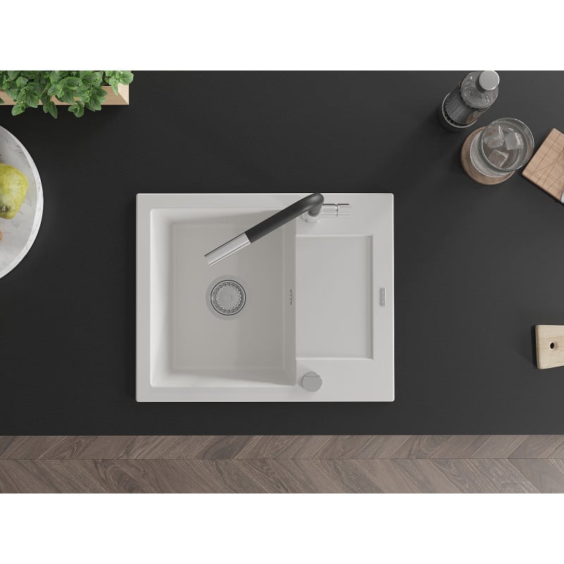 Mexen Enzo granieten gootsteen 1-komor met afdruiprek en keukenkraan Flora, wit - 6506-20-670401-07