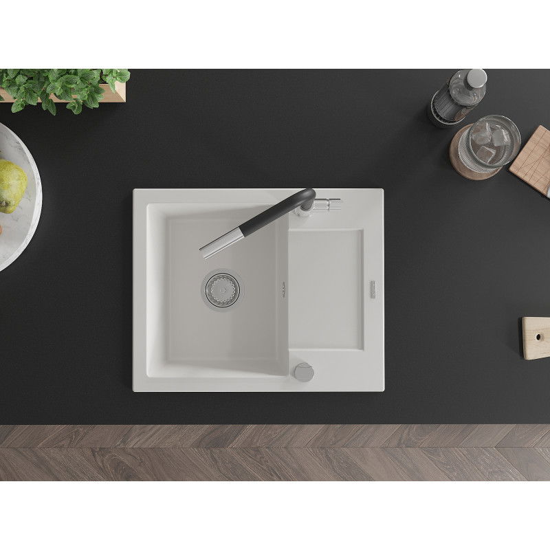 Mexen Enzo granite kitchen sink 1-bowl with drainer and Flora kitchen tap, white - 6506-20-670401-07