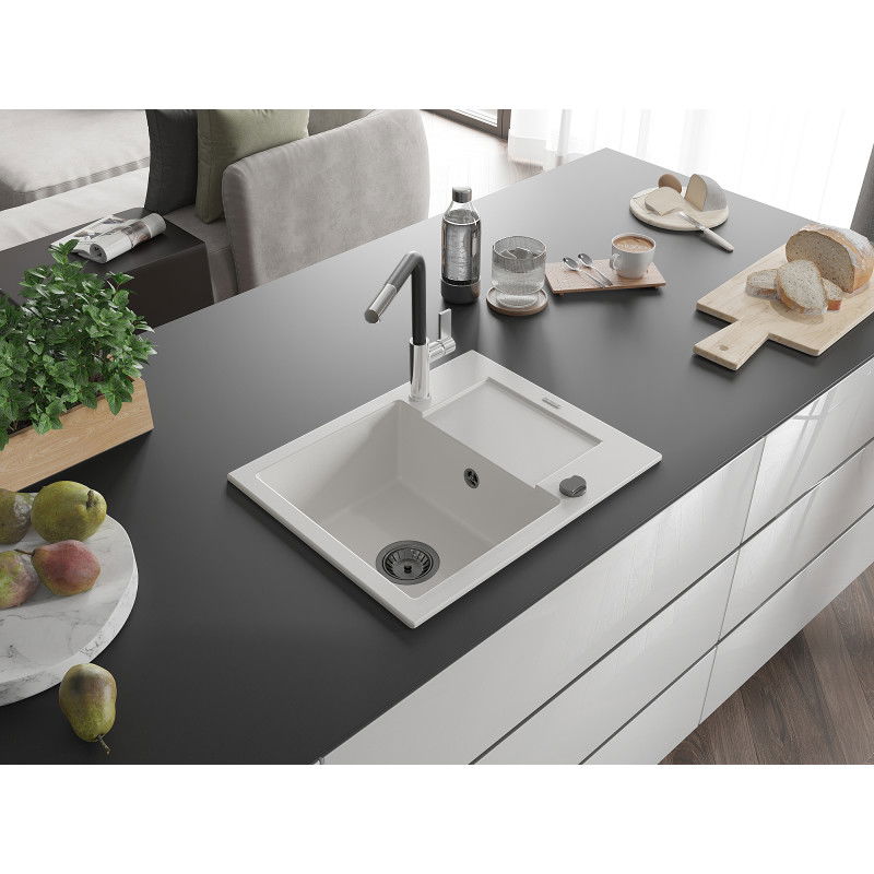 Mexen Enzo 1-bowl granite sink with drainer and Flora kitchen tap, white - 6506-20-670401-07-B
