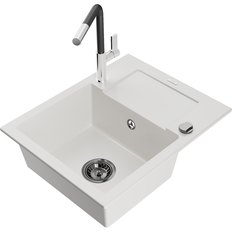 Mexen Enzo Granit-Kicheblech mat engem Becken mat Oflafstutzen a Kitchenhahn Flora, wäiss - 6506-20-670401-07-B