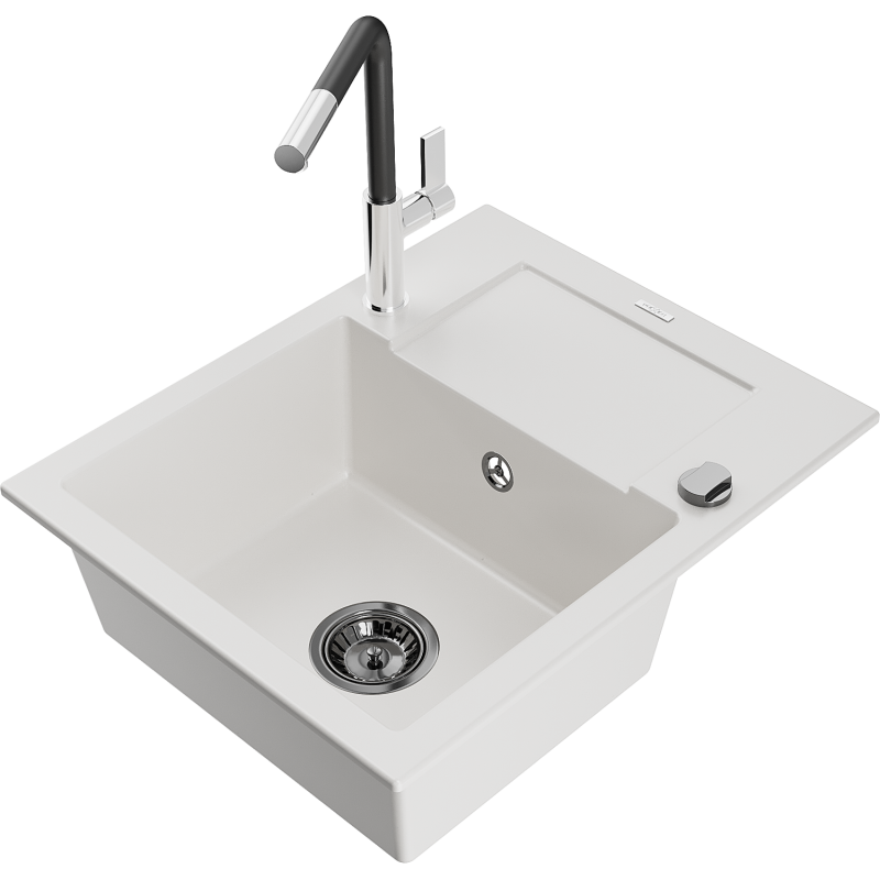 Mexen Enzo granitdiskbänk 1-kammare med avrinningsyta och köksblandare Flora, vit - 6506-20-670401-07-B