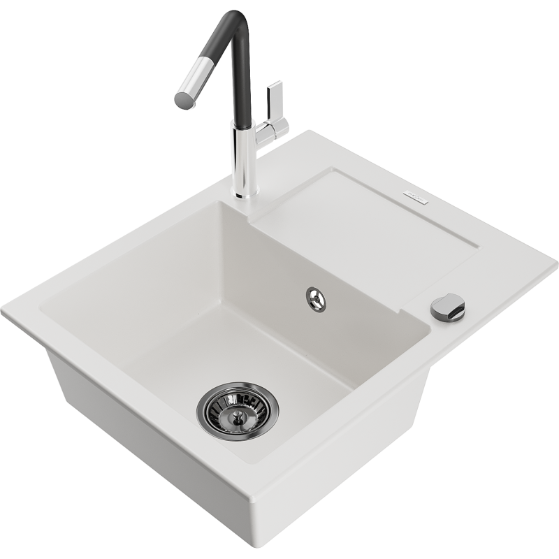 Mexen Enzo Granitspüle 1-Becken mit Abtropffläche und Küchenarmatur Flora, weiß - 6506-20-670401-07-B