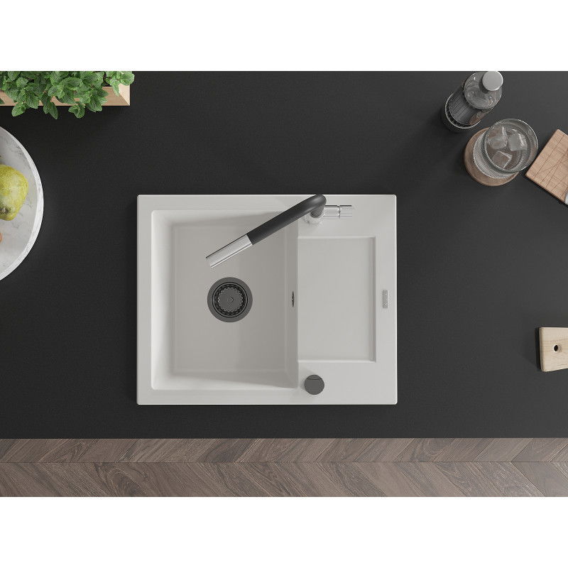 Mexen Enzo Granit-Kicheblech mat engem Becken mat Oflafstutzen a Kitchenhahn Flora, wäiss - 6506-20-670401-07-B