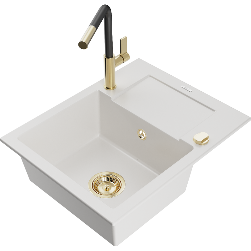 Mexen Enzo granitisk diskbänk med 1 kammare, avrinningsyta och köksblandare Flora, vit - 6506-20-670401-57-G