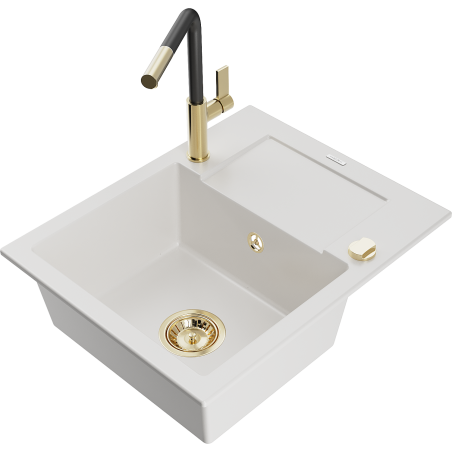 Mexen Enzo Granite Sink 1-Bowl with Drainer and Kitchen Tap Flora, White - 6506-20-670401-57-G