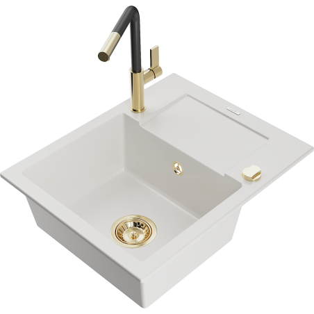 Mexen Enzo lavello in granito a 1 vasca con sgocciolatoio e miscelatore cucina Flora, bianco - 6506-20-670401-57-G